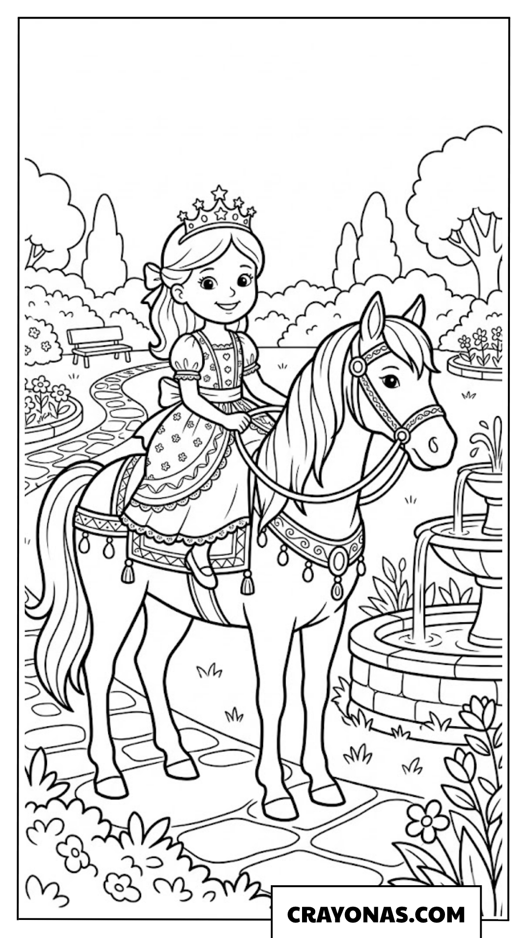 Princess Riding Horse in Garden Coloring Page
