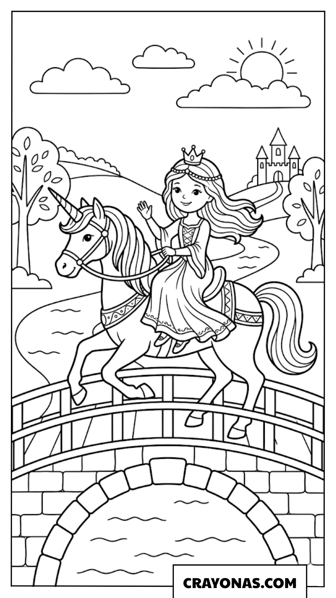 Princess Riding Unicorn Over Bridge Coloring Page