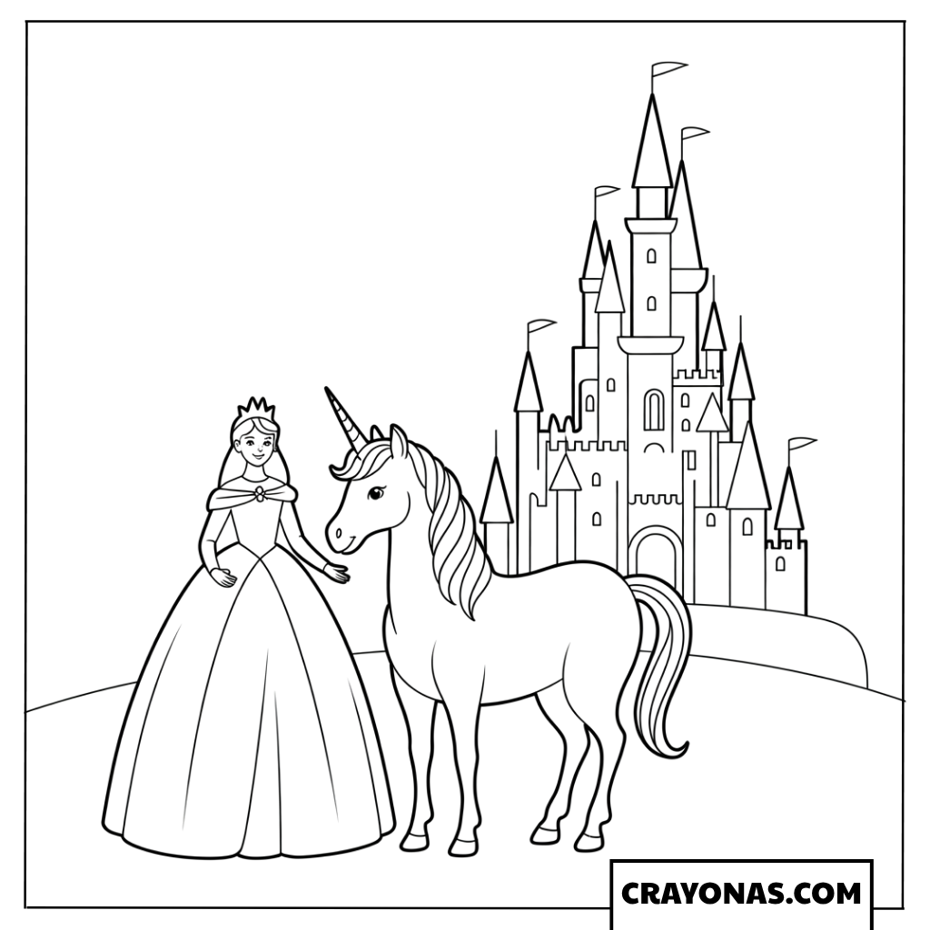 Princess and Unicorn Castle Coloring Page