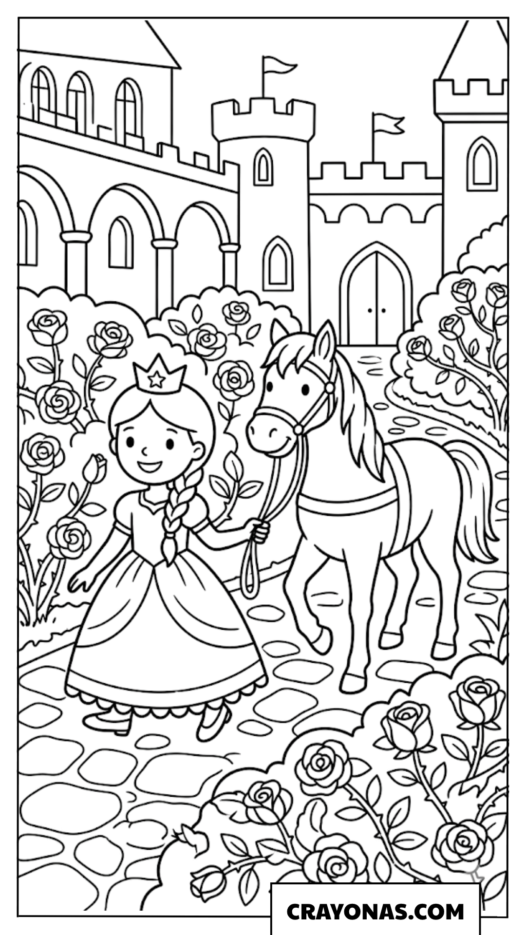 Princess with Horse at Castle Coloring Page