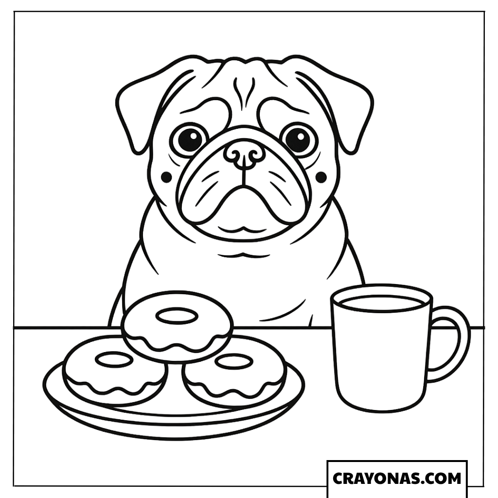 Pug Eating Donuts Coloring Page