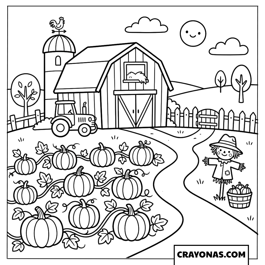 Pumpkin Farm with Scarecrow Fall Coloring Page