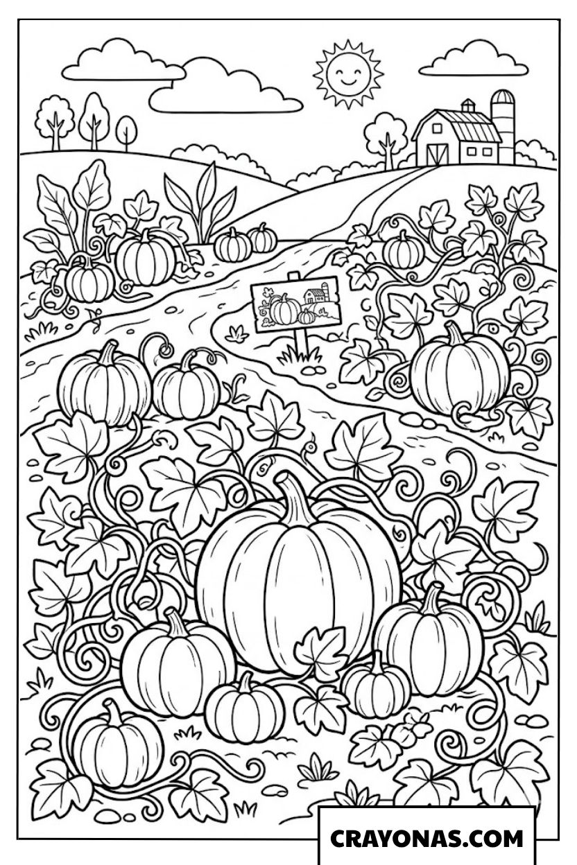 Pumpkin Patch in Autumn Farm Coloring Page
