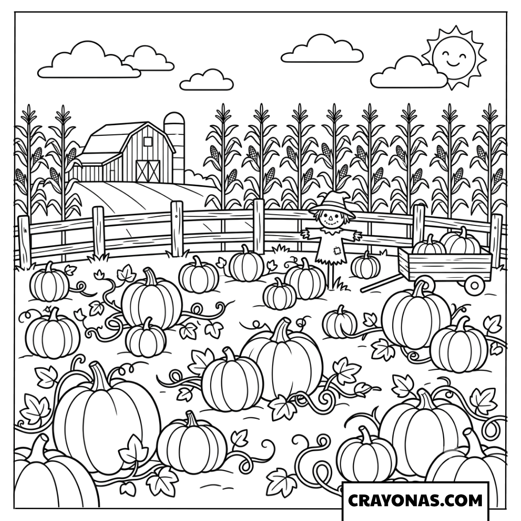 Pumpkin Patch with Scarecrow Fall Coloring Page