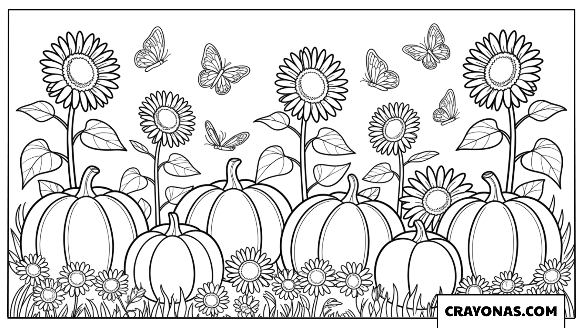 Pumpkin Patch with Sunflowers and Butterflies Coloring Page