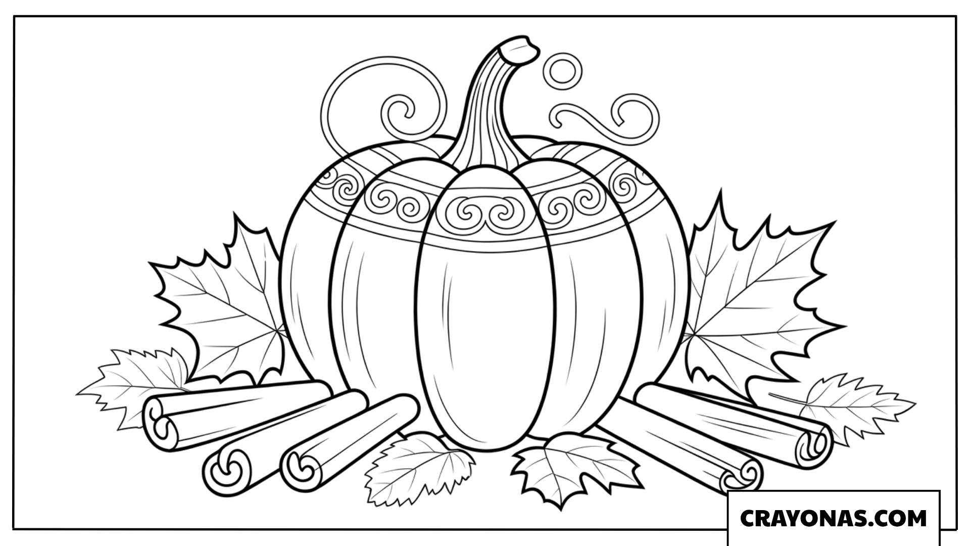 Pumpkin with Cinnamon Sticks and Autumn Leaves Coloring Page