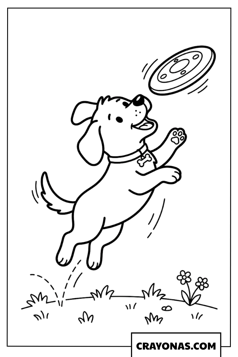 Puppy Catching a Frisbee Coloring Page