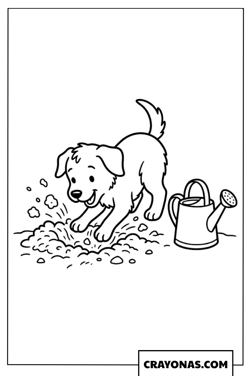 Puppy Digging in Garden Coloring Page