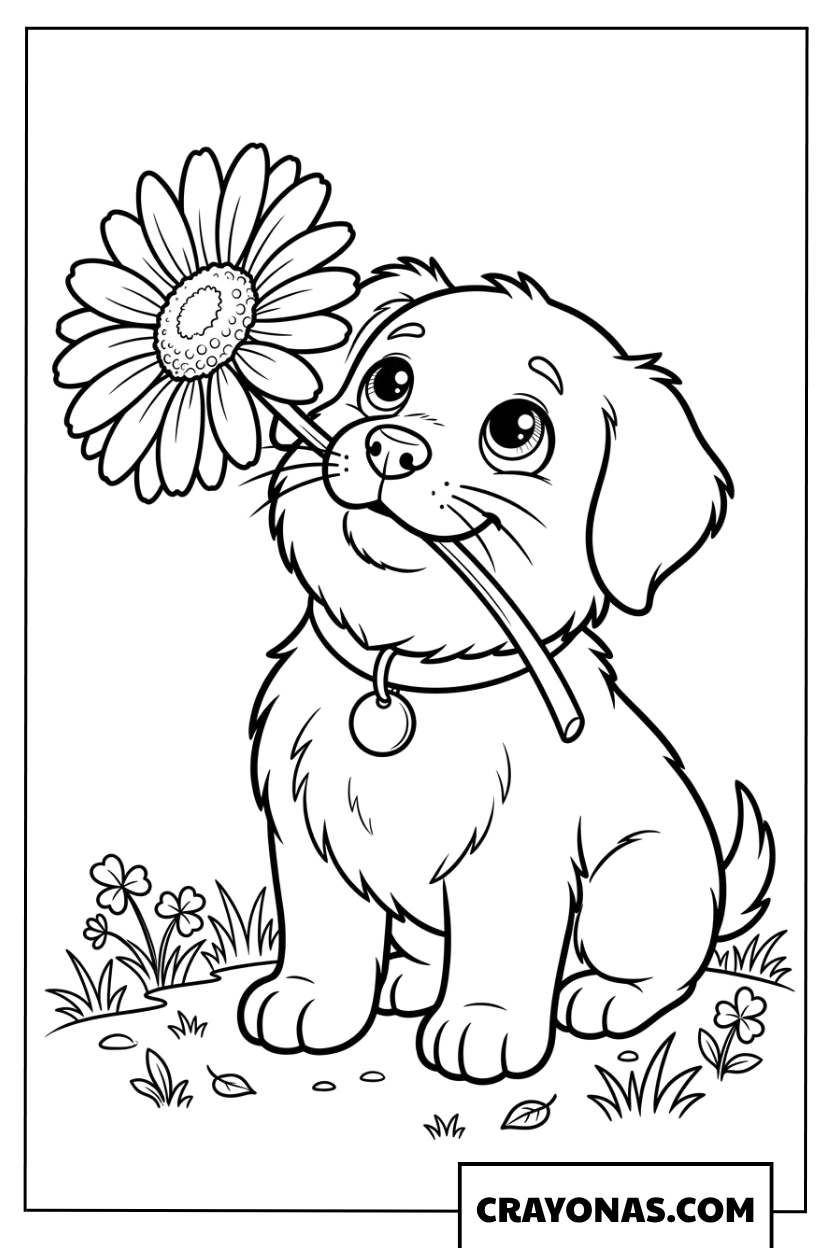 Puppy Holding Flower Coloring Page
