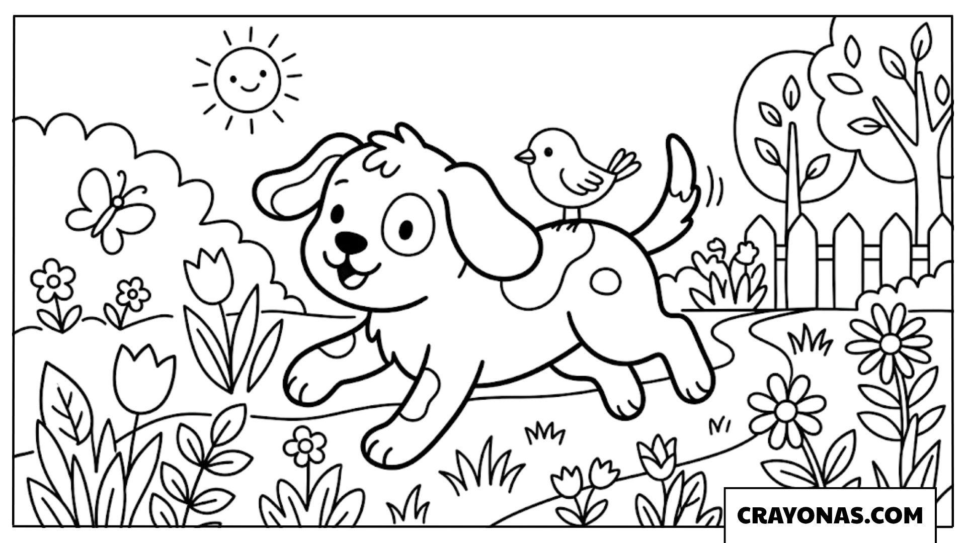 Puppy Playing in Garden with Bird Coloring Page