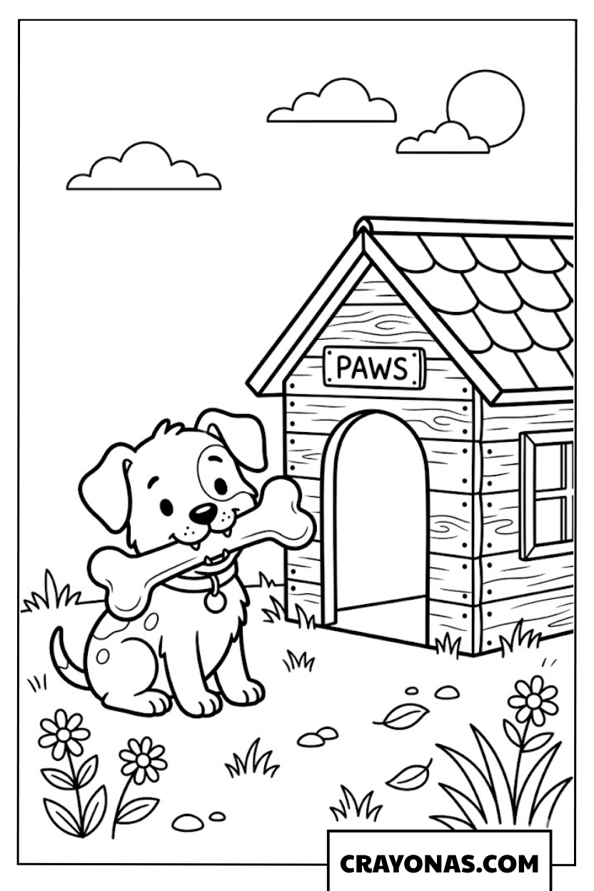 Puppy Playing with Bone at Dog House Coloring Page
