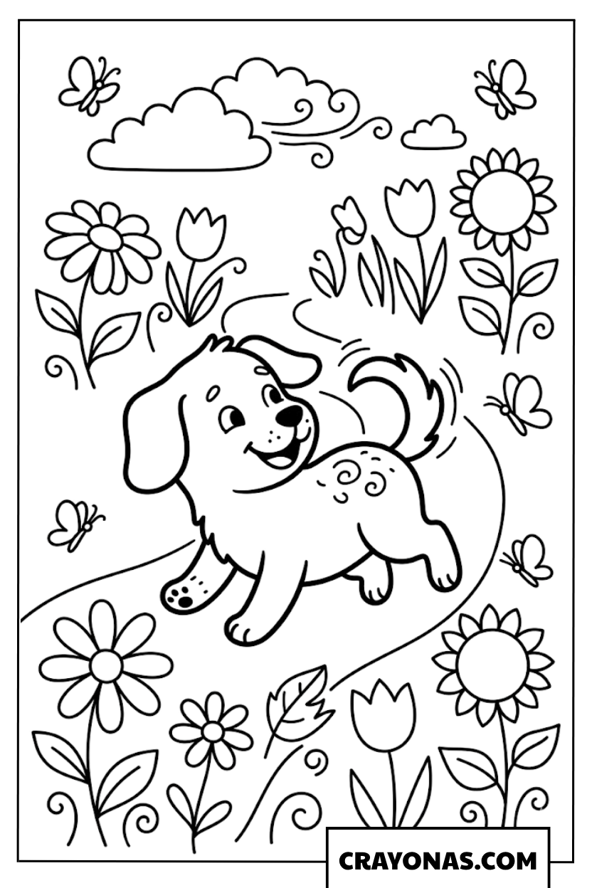 Puppy Running in Flower Garden Coloring Page
