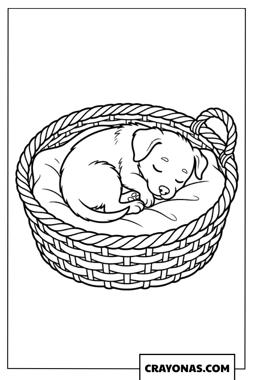 Puppy Sleeping in Basket Coloring Page