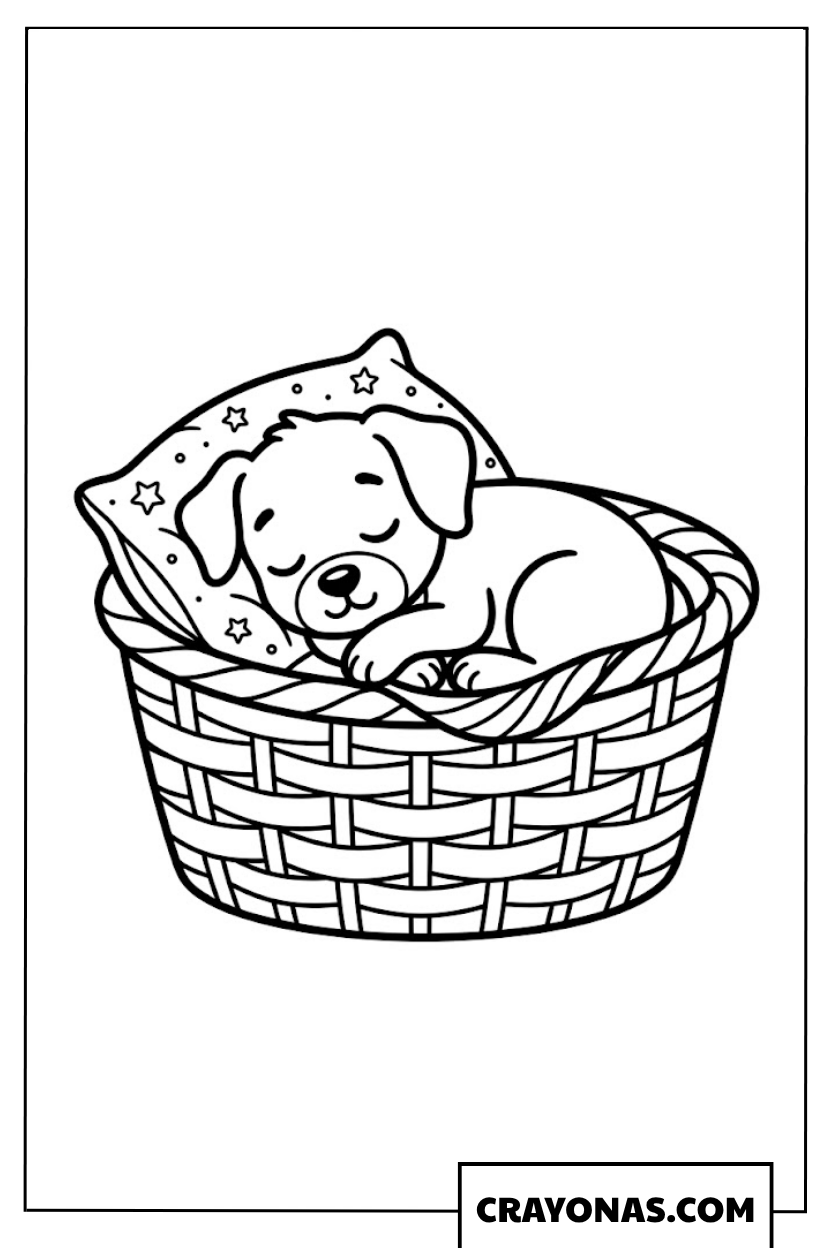 Puppy Sleeping in Basket Coloring Page