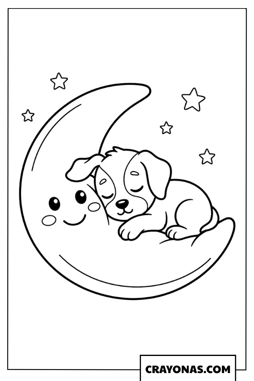 Puppy Sleeping on the Moon Coloring Page