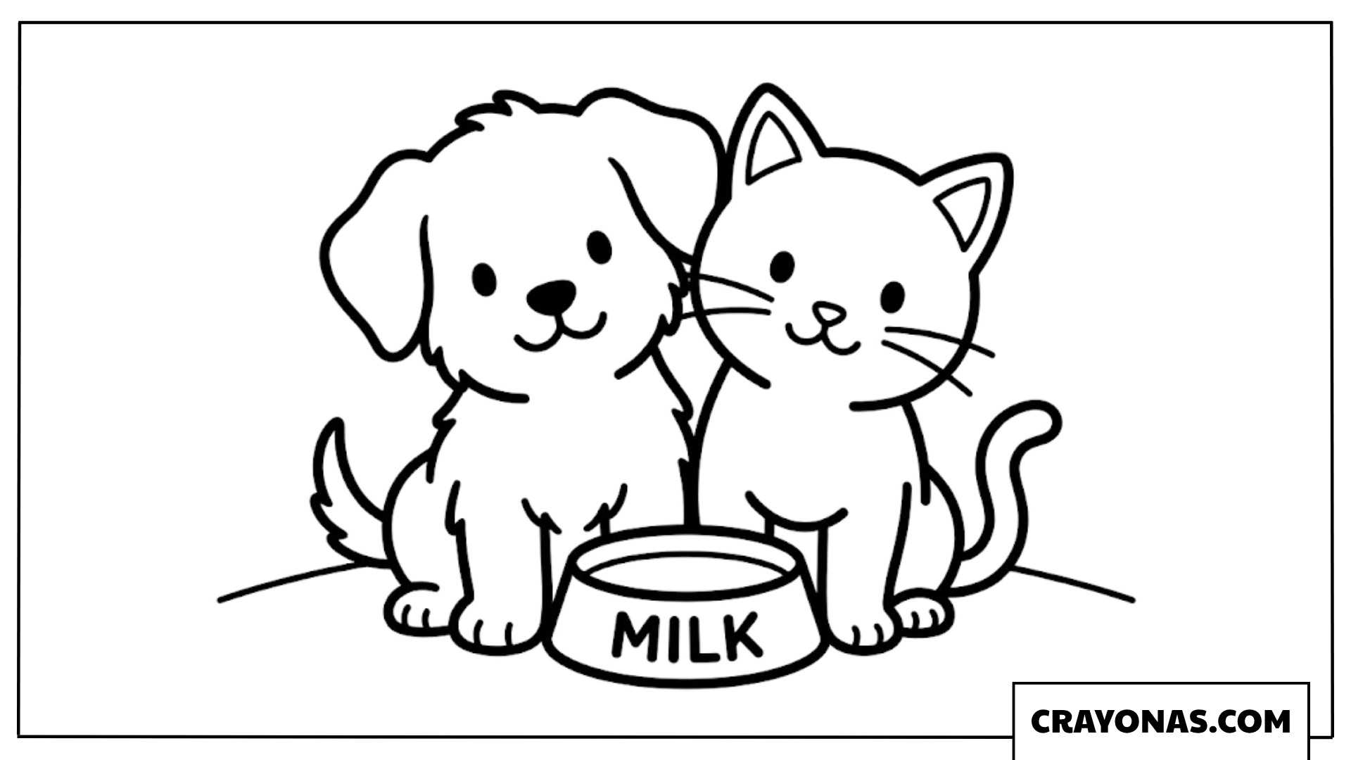 Puppy and Kitten Sharing Milk Coloring Page