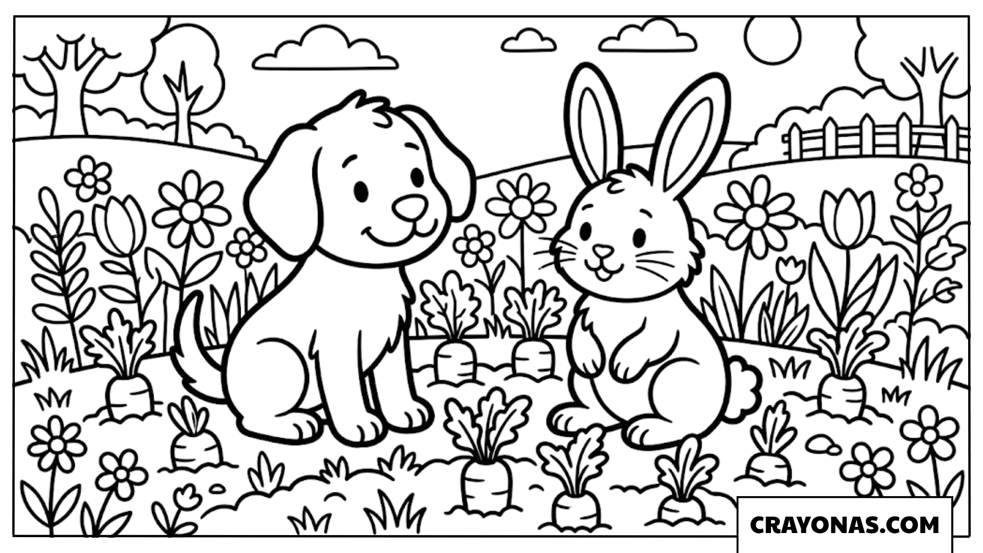Puppy and Rabbit in Flower Garden Coloring Page