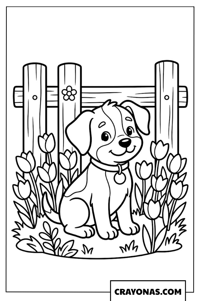 Puppy in Flower Garden Coloring Page