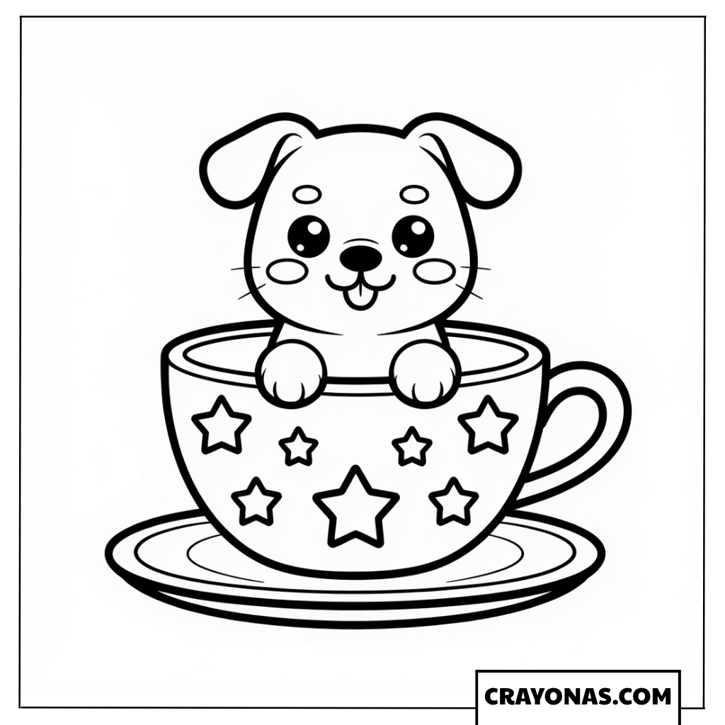 Puppy in Teacup Kawaii Coloring Page