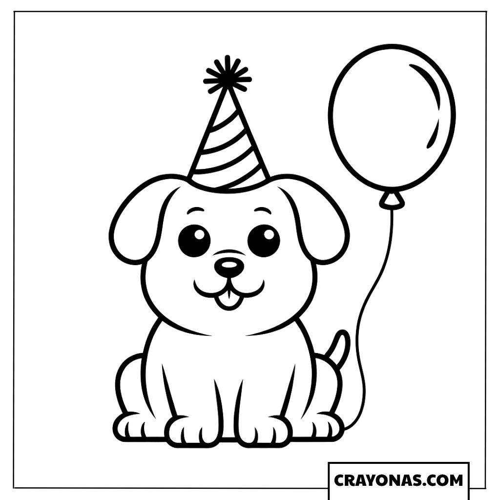 Puppy with Party Hat and Balloon Coloring Page