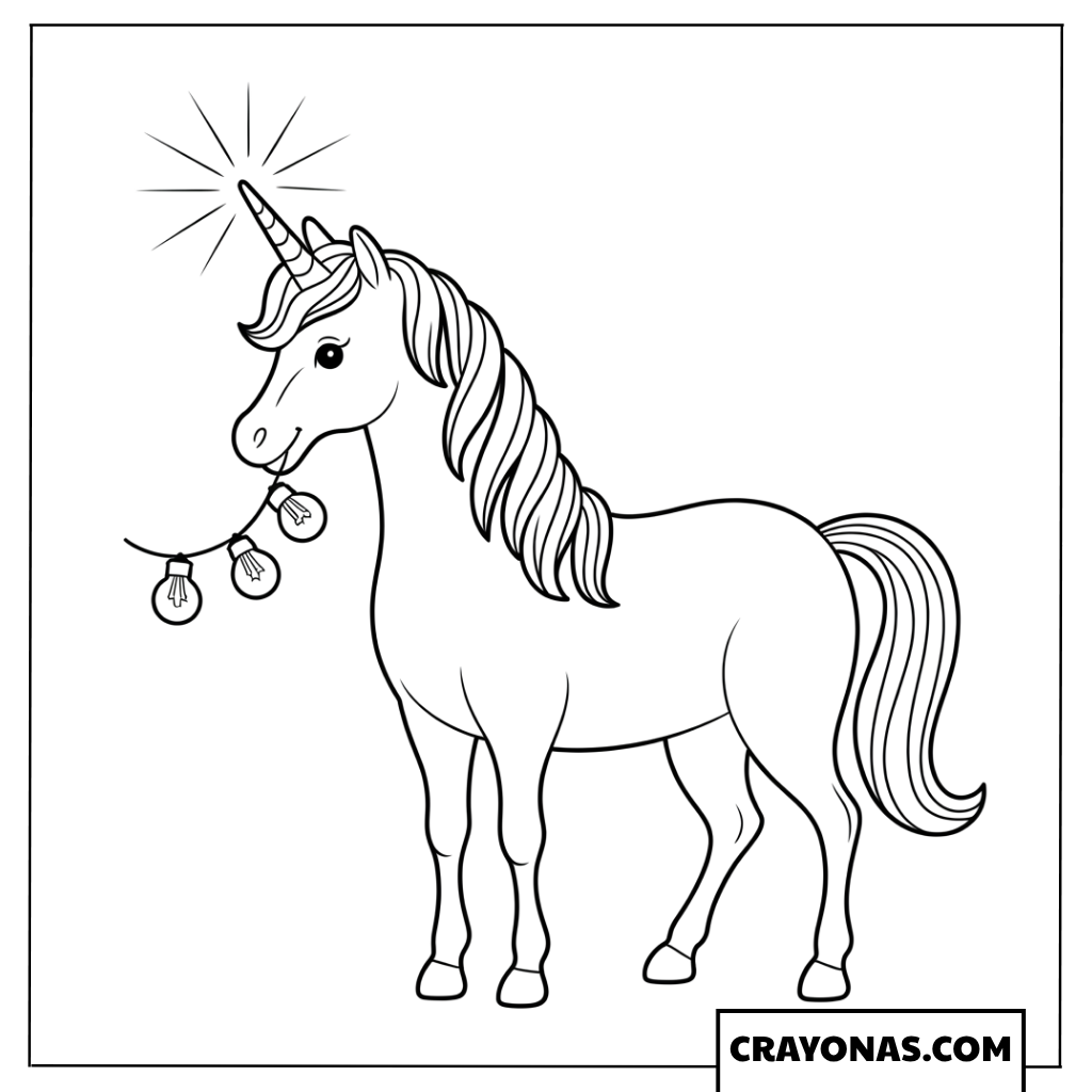 Rainbow Unicorn with String Lights Coloring Page