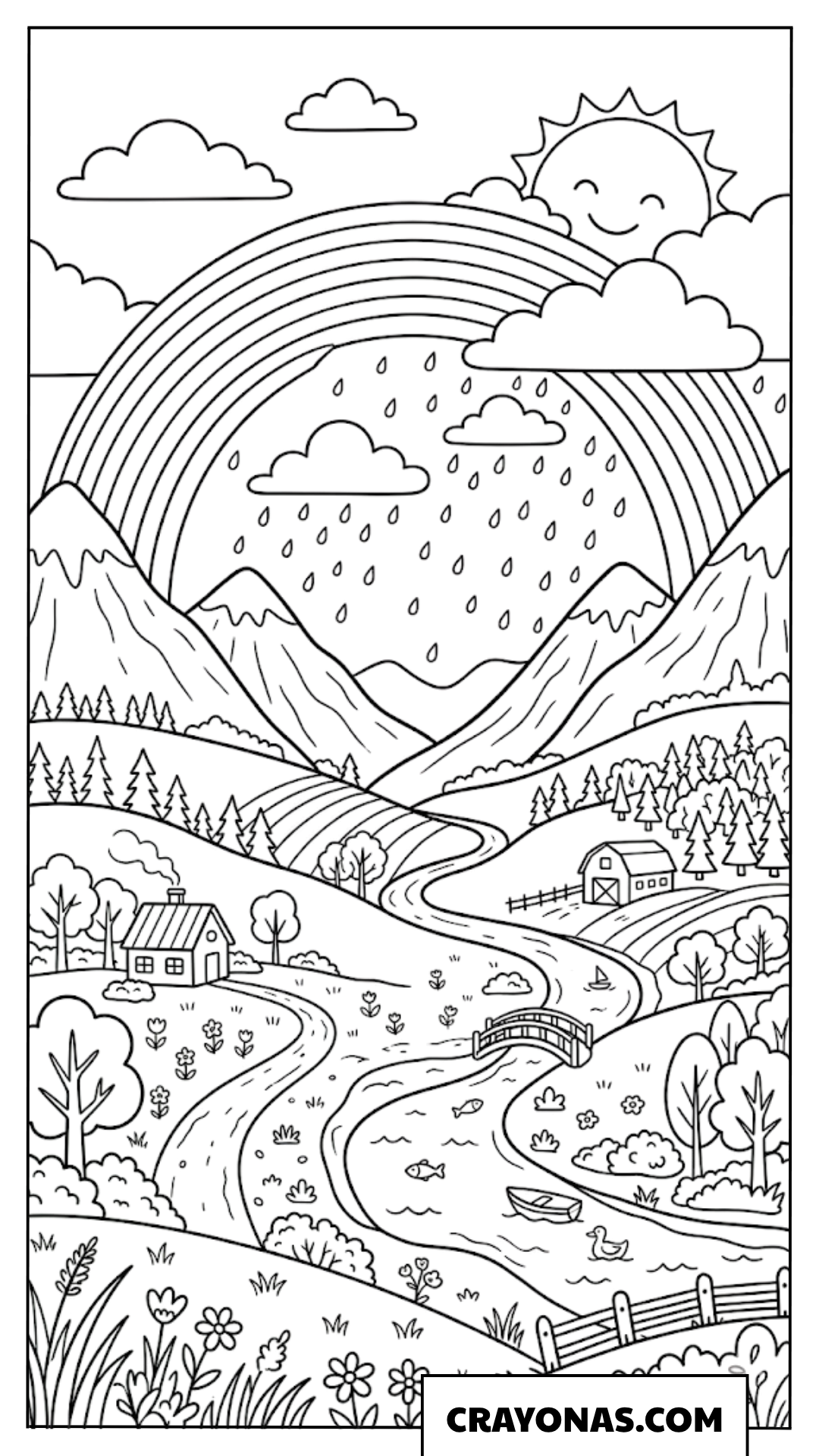 Rainbow over Countryside Coloring Page