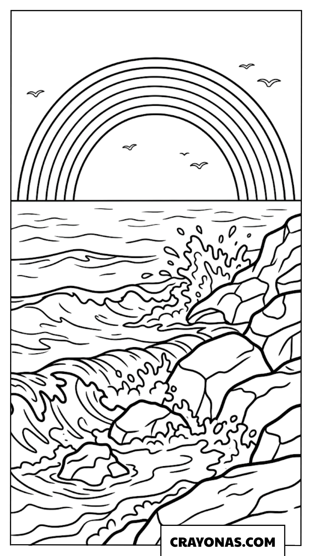 Rainbow over Ocean Waves Coloring Page