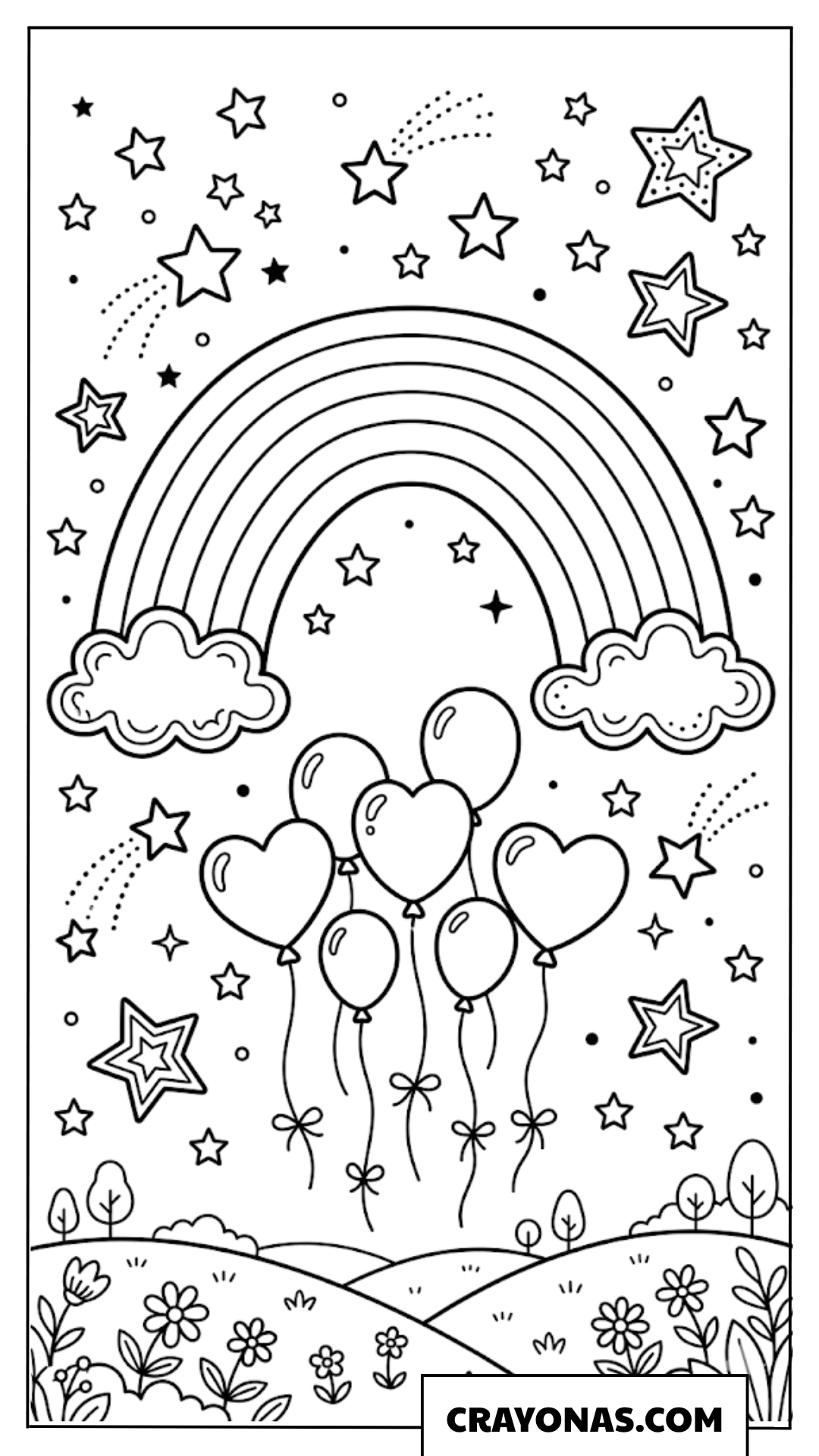 Rainbow with Balloons and Stars Coloring Page