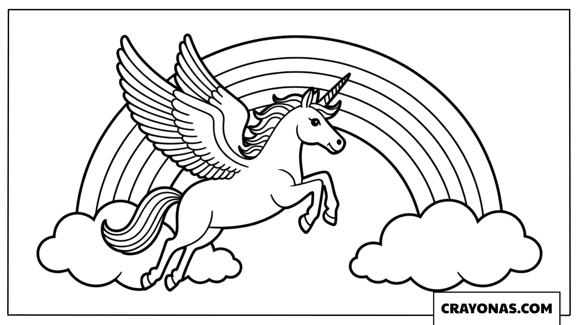 Rainbow with Flying Unicorn Coloring Page