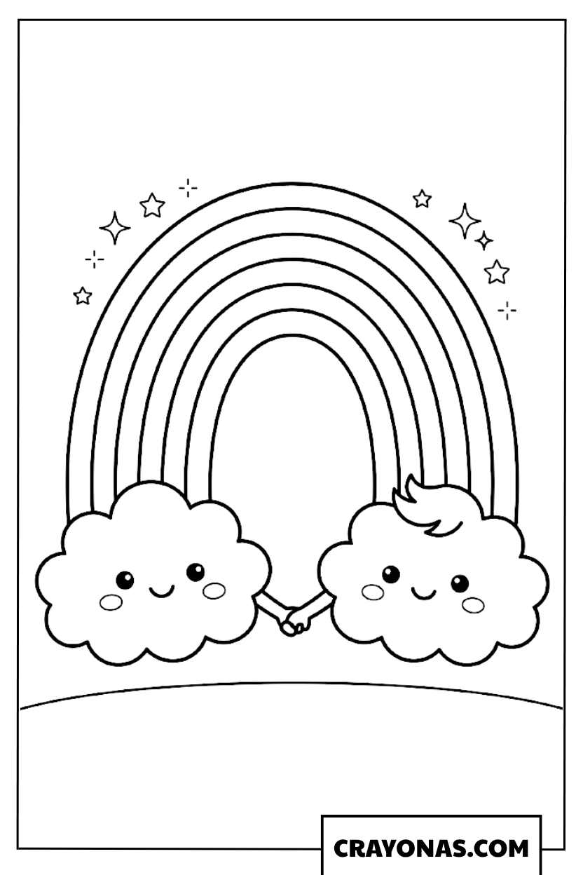 Rainbow with Happy Clouds Coloring Page
