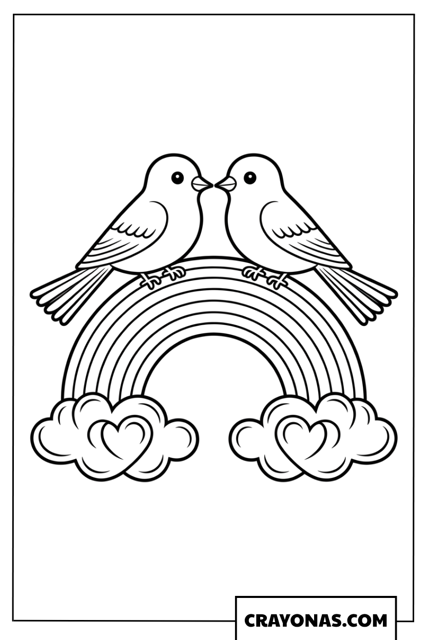 Rainbow with Love Birds Coloring Page