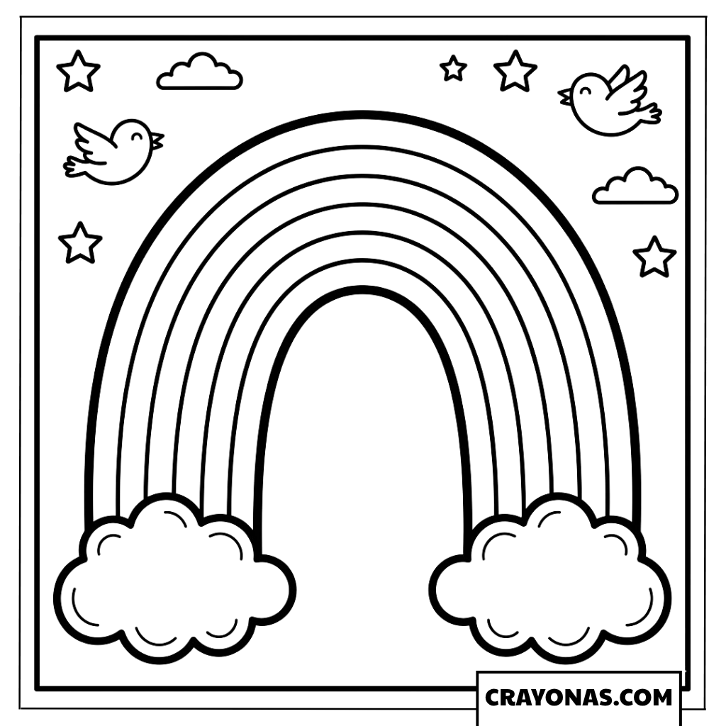 Rainbow with Stars and Birds Coloring Page