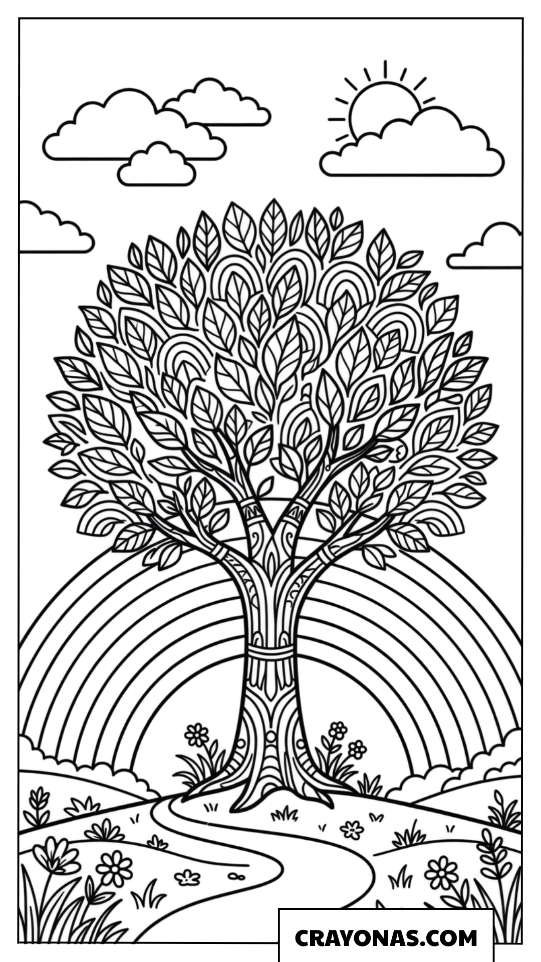 Rainbow with Tree Landscape Coloring Page
