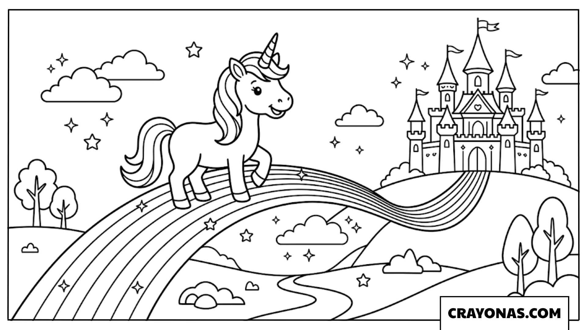 Rainbow with Unicorn and Castle Coloring Page