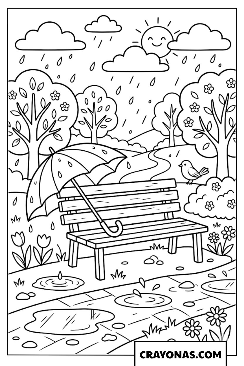 Rainy Day Bench with Umbrella Coloring Page