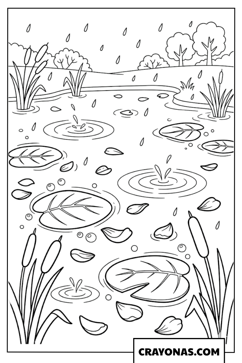 Rainy Pond with Lily Pads Coloring Page