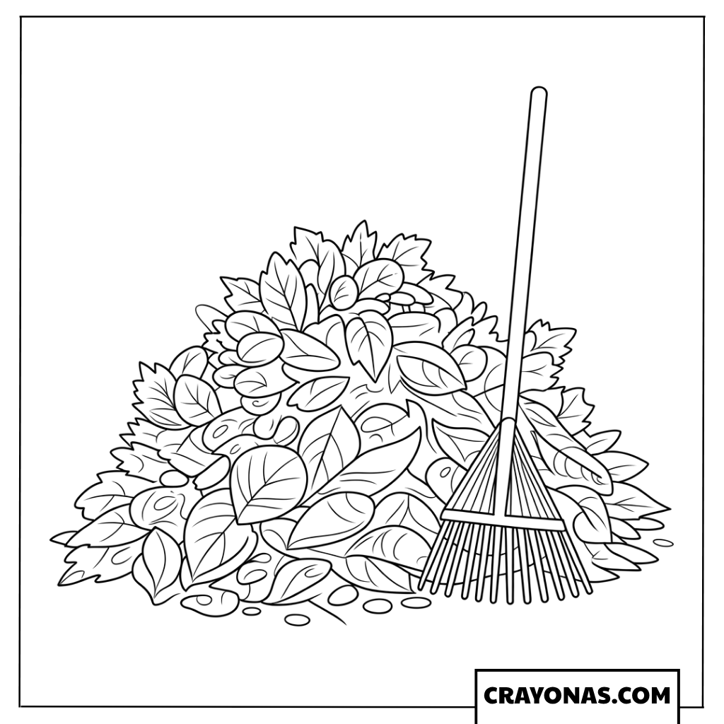 Rake and Pile of Leaves Fall Coloring Page