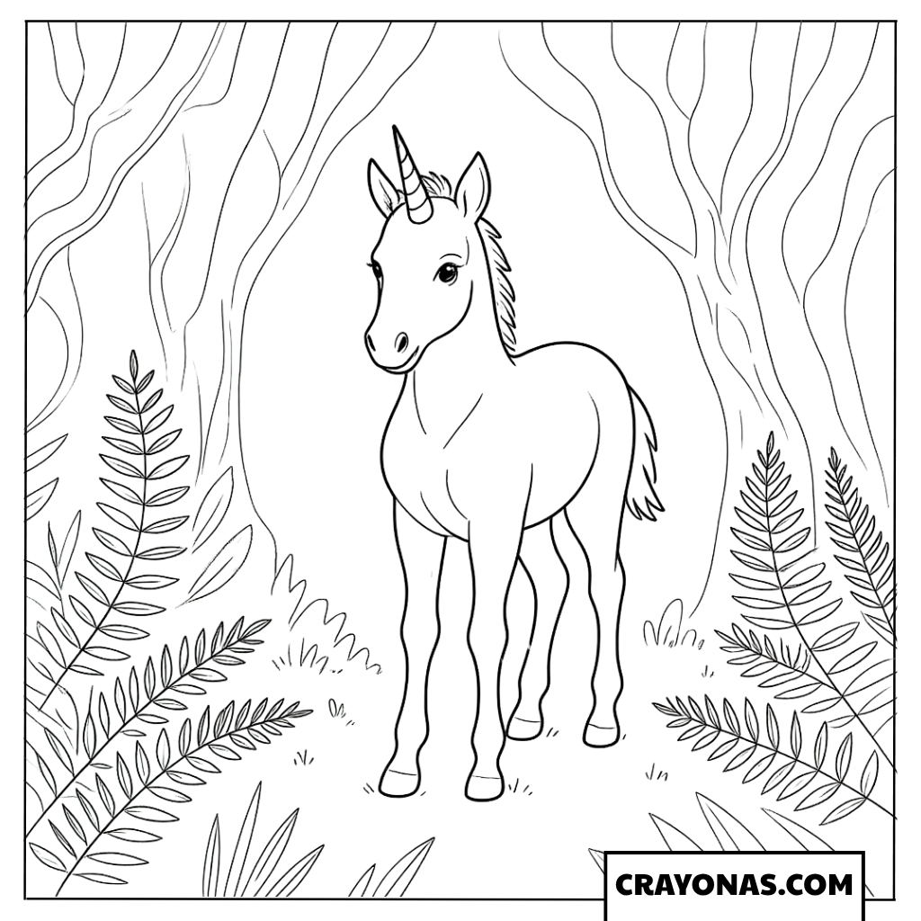 Realistic Baby Unicorn Forest Coloring Page