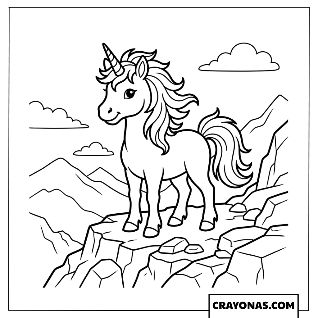 Realistic Baby Unicorn Mountain Coloring Page