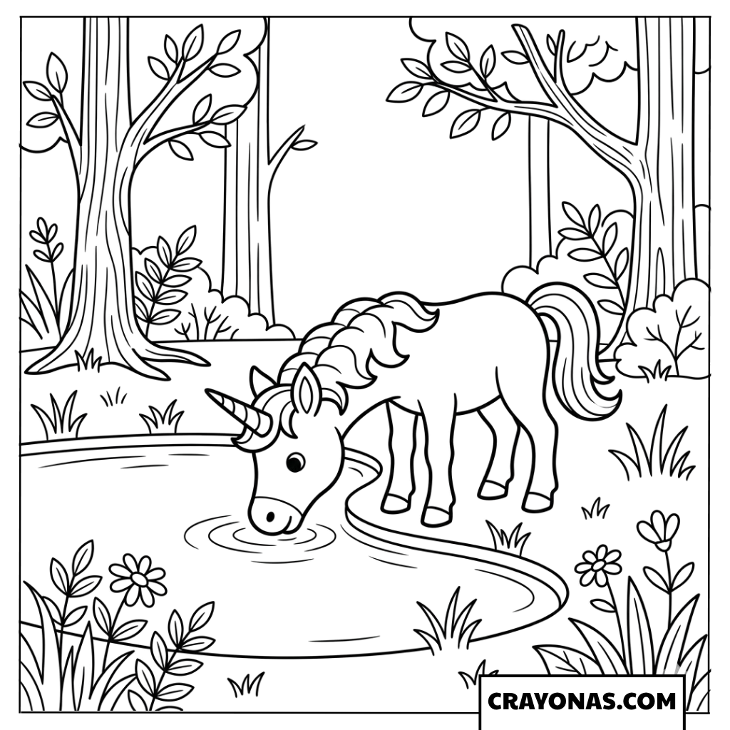 Realistic Baby Unicorn at Stream Coloring Page