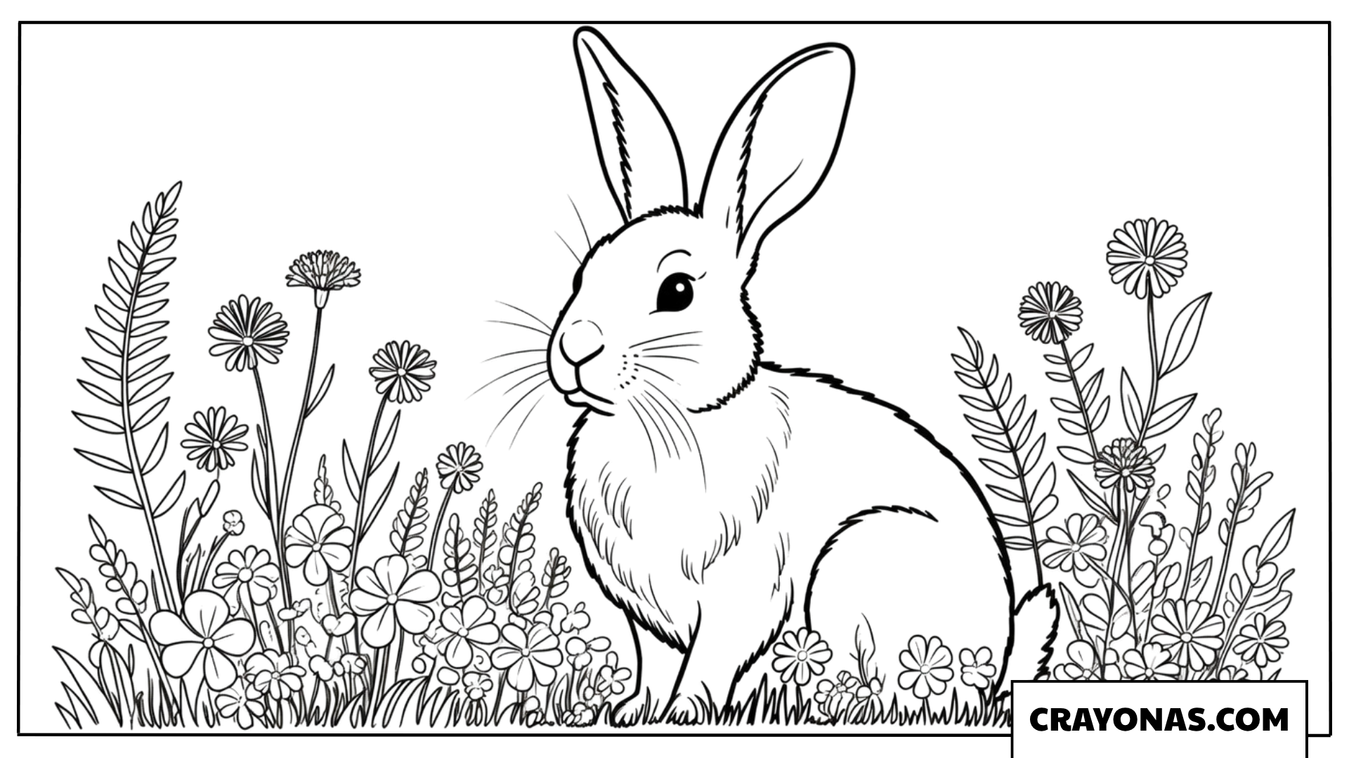 Realistic Bunny Sitting in Flowers Coloring Page