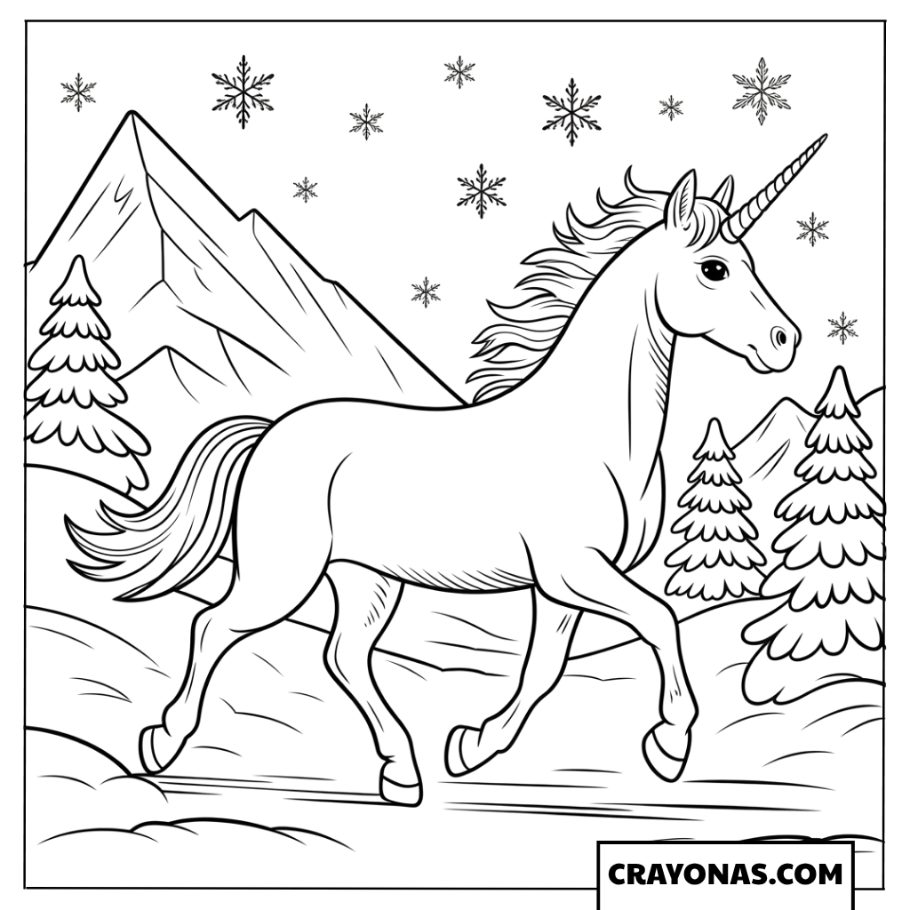 Realistic Christmas Unicorn in Snowy Mountains Coloring Page