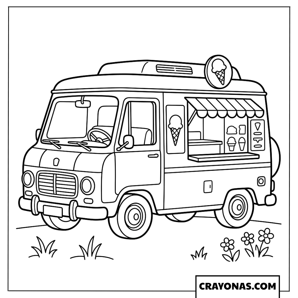 Realistic Classic Ice Cream Truck with Awning Coloring Page