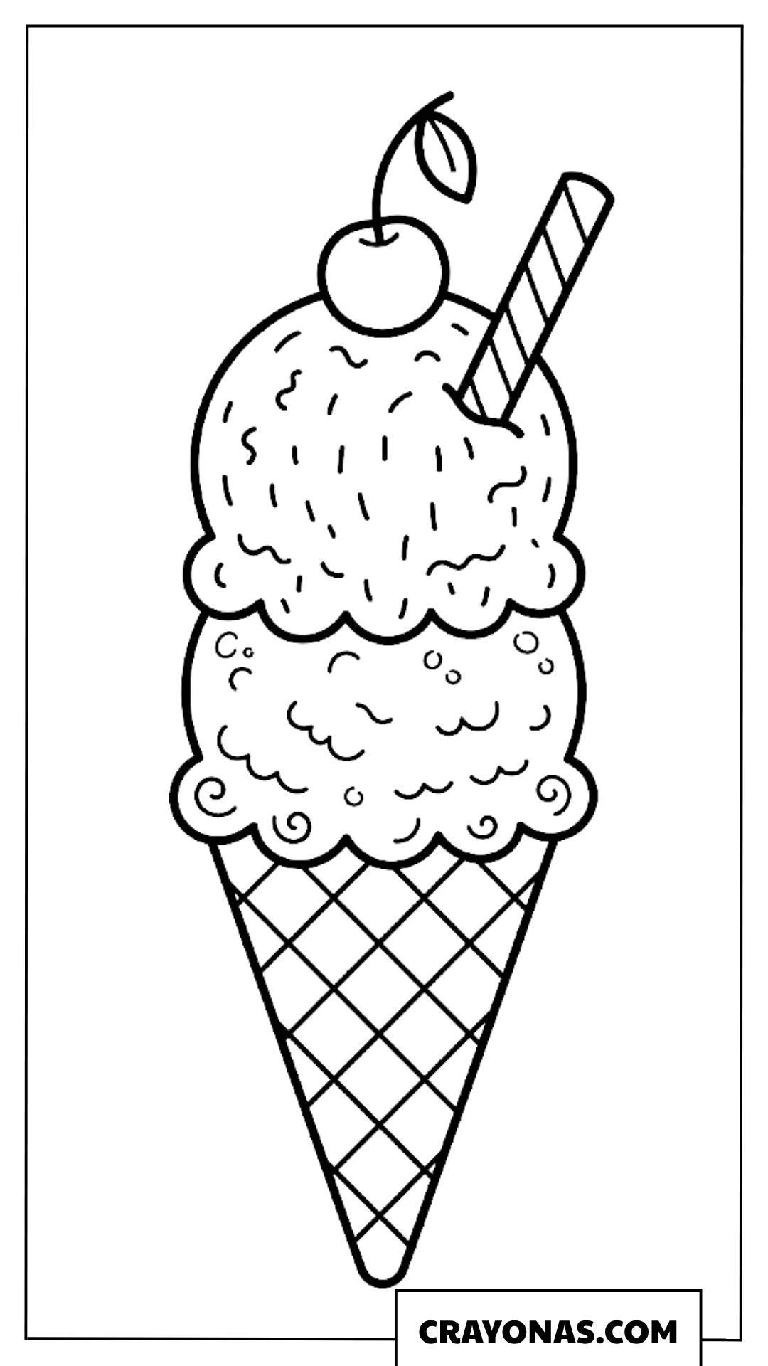 Realistic Double Scoop Ice Cream Cone with Cherry Coloring Page