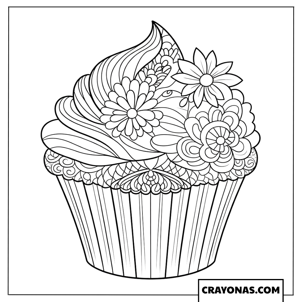 Realistic Floral Cupcake Coloring Page