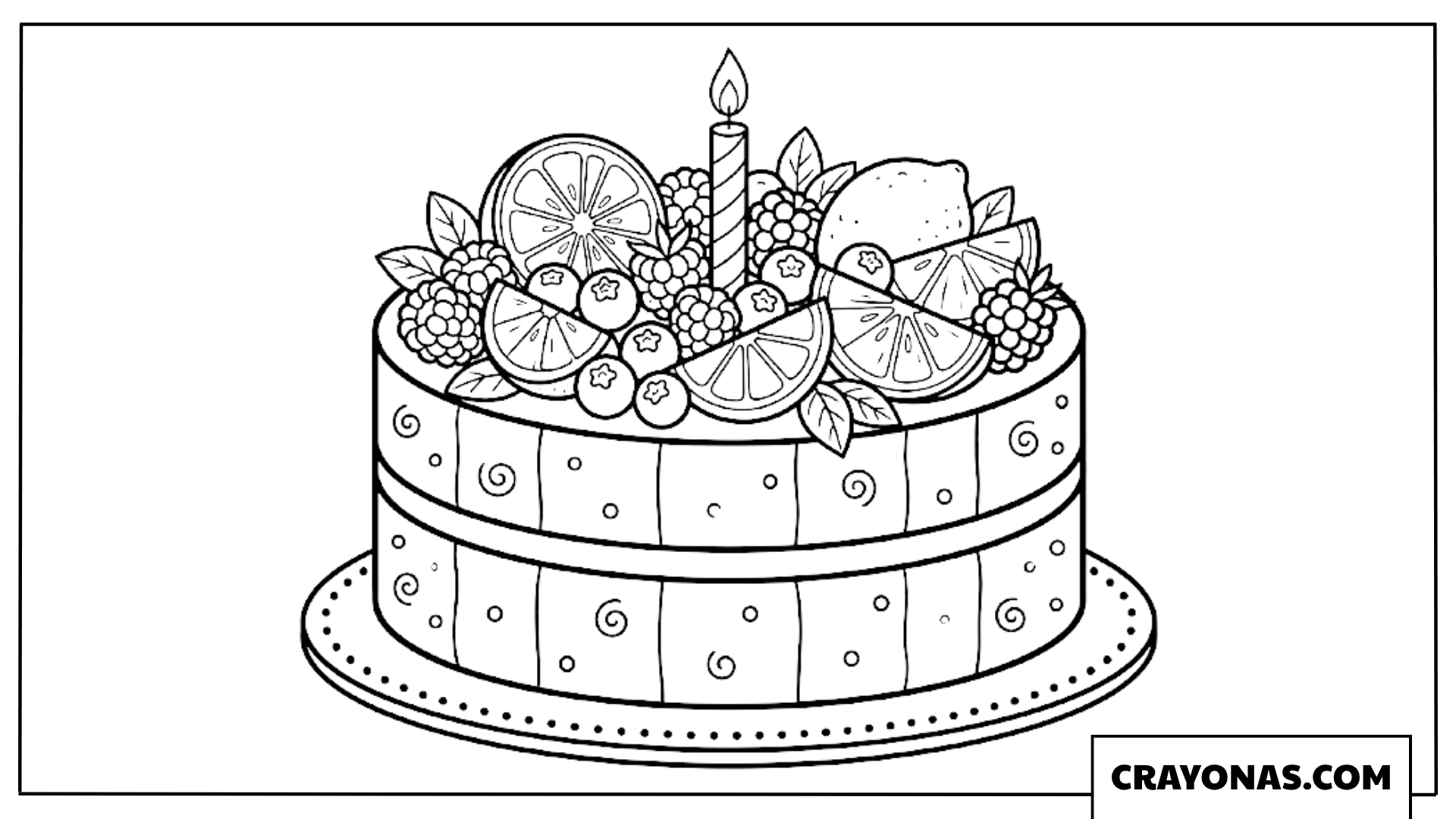 Realistic Fruit Birthday Cake Coloring Page