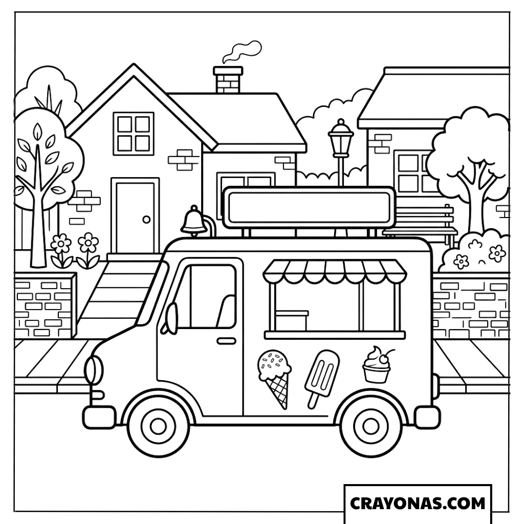 Realistic Ice Cream Truck in Neighborhood Scene Coloring Page