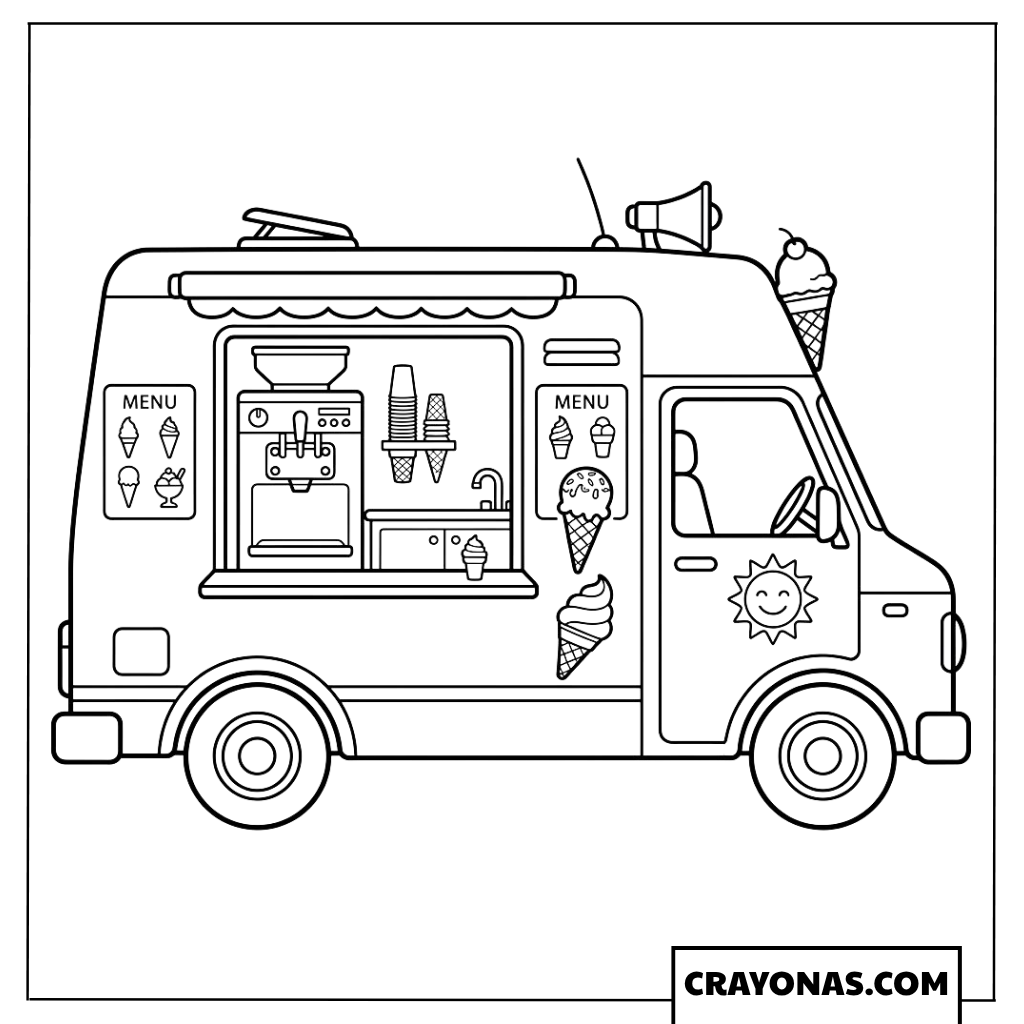 Realistic Ice Cream Truck with Speaker and Menu Coloring Page