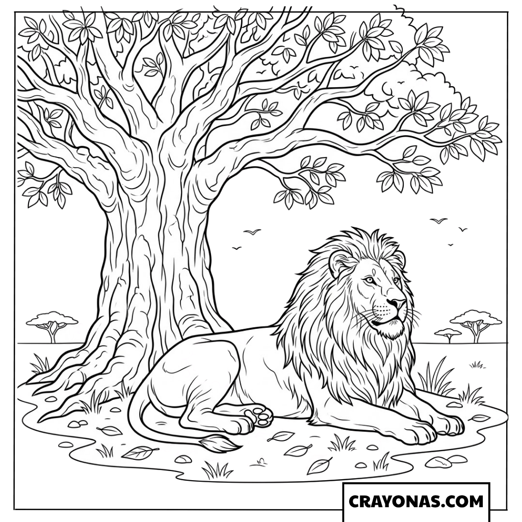 Realistic Lion Resting Under Tree Coloring Page