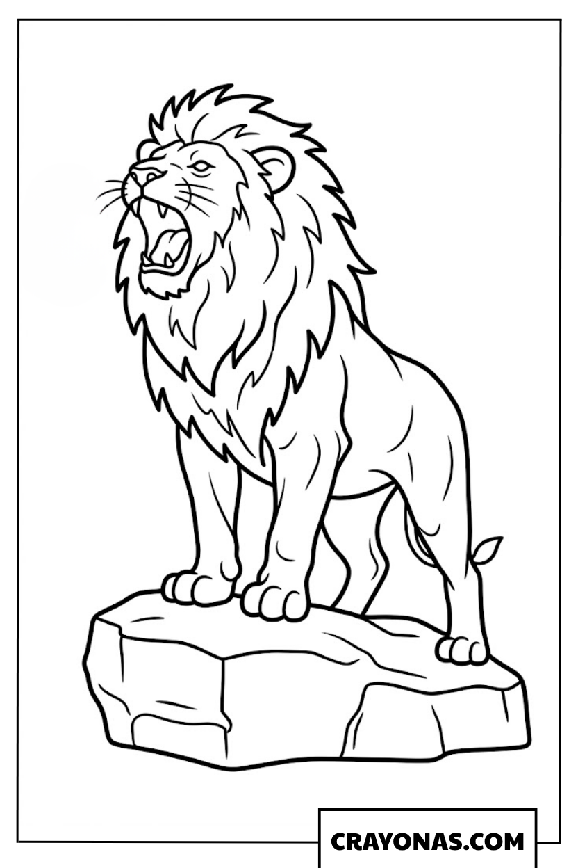 Realistic Lion Roaring on Rock Coloring Page